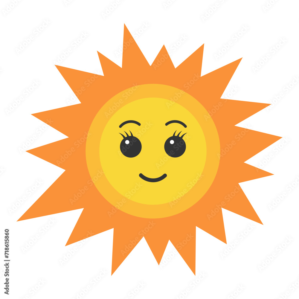 Cute kawaii sun character. Sunshine emoji, funny face. Cartoon flat vector illustration.
