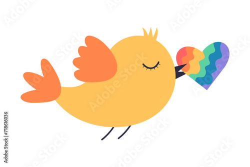 Cute bird with rainbow heart in beak. Rainbow colors of LGBT pride flag. Romantic message animal.