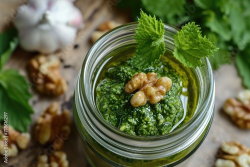 Close up of homemade pesto containing nettle garlic and walnuts
