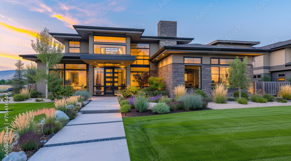 an awesome modern house with a green grass lawn and beautiful garden