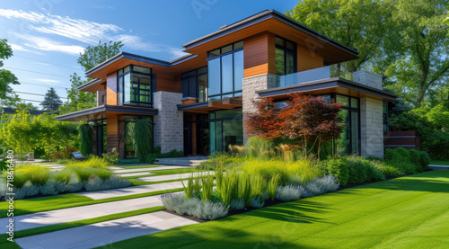 an awesome modern house with a green grass lawn and beautiful garden