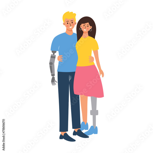 Love couple hugging. Disabled man with a prosthetic arm and woman with a prosthetic leg. Happy handicap family. Support, special needs concept.