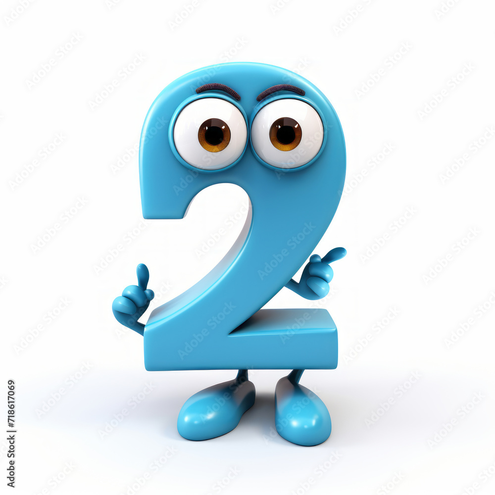 Fototapeta premium 3D happy funny two number character on white background