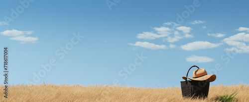 picnic basket and hat sitting in a field, shady sky, in the style of minimalist figuration