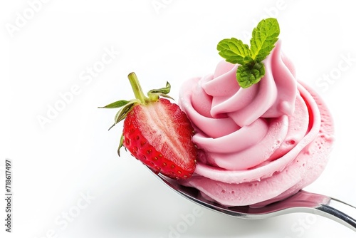 Frozen yogurt or cream with strawberry on a spoon white background photo