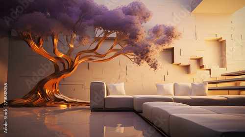 painting of a living room with a tree inside it 