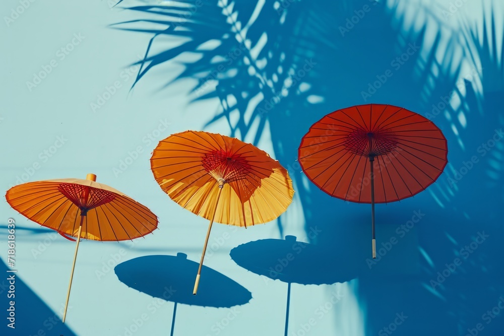 Trio of Traditional Asian Paper Umbrellas Casts Elegant Shadows on Blue Background, Ideal for Cultural and Design Themes