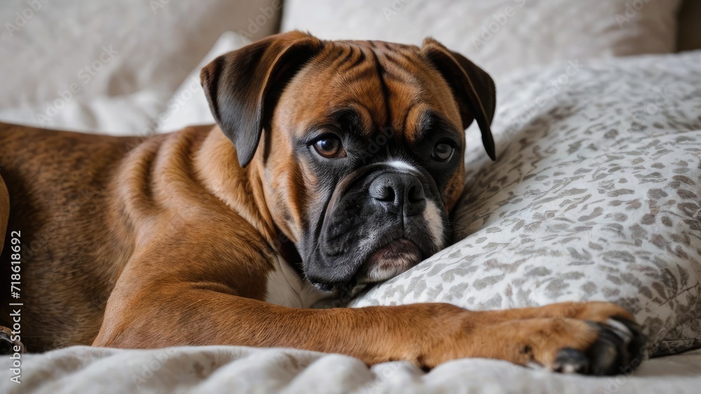 Brindle boxer lying on bed in the bedroom