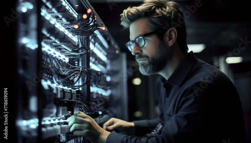 professional engineer fixing a communication problem on a server rack in the data center