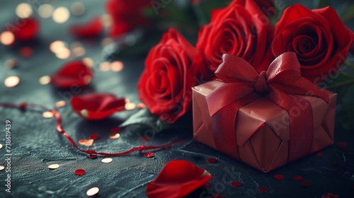 Red Roses and Gift Box with Ribbon Bow with dark background for Valentine Day Product Mockup