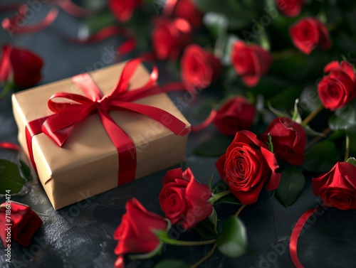 Red Roses and Gift Box with Ribbon Bow with dark background for Valentine Day Product Mockup © Krittikarn