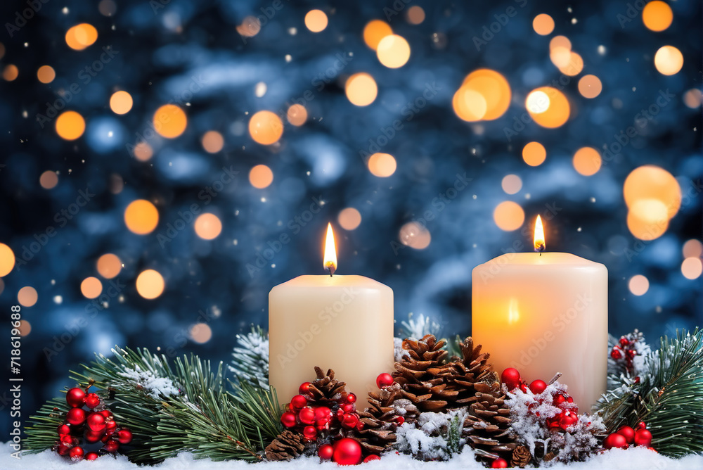 Warm festive candles under the Christmas tree Warm festive candles under the Christmas tree