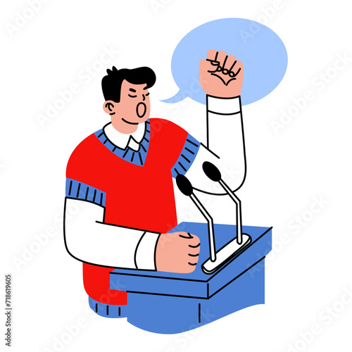 The man behind the podium is conducting polemics or agitation. Political debate of election candidates. Vector illustration on a social theme.