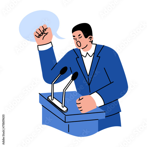 The man behind the podium is conducting polemics or agitation. Political debate of election candidates. Vector illustration on a social theme.
