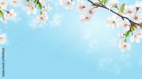 Spring banner with branches of blossoming cherry background with blue sky  landscape panorama  copy space.