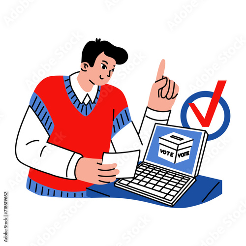 The man sends his voice through the computer. Electronic voting or social survey. Political elections. Vector illustration on a social theme.