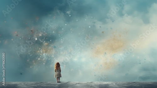 young girl searching for life change or perusing a dream concept as wide banner with copy space area