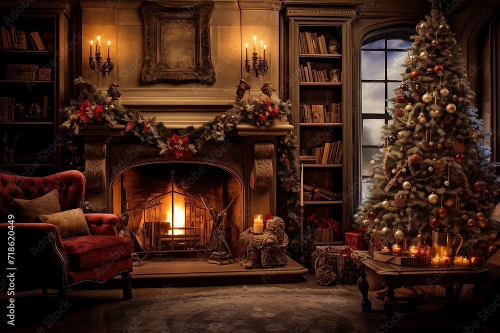 3d rendering of a living room with a Christmas tree and fireplace