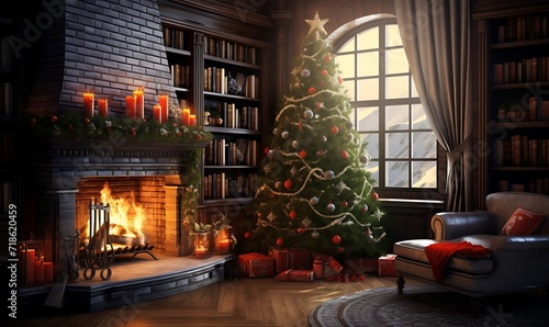 3d rendering of a living room with a Christmas tree and fireplace photo