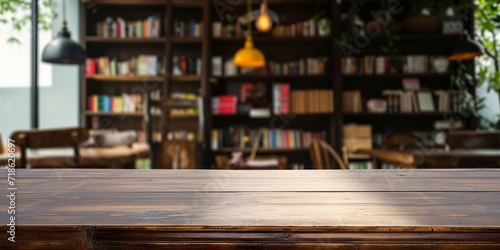 Vintage Wooden Table in Front of a Blurred Bookshelf