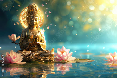 olden buddha with glowing lotuses and and branch of blossom flowers on blue sky photo