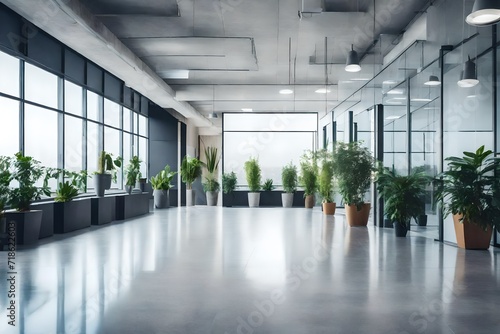 empty office hall with green potted plants