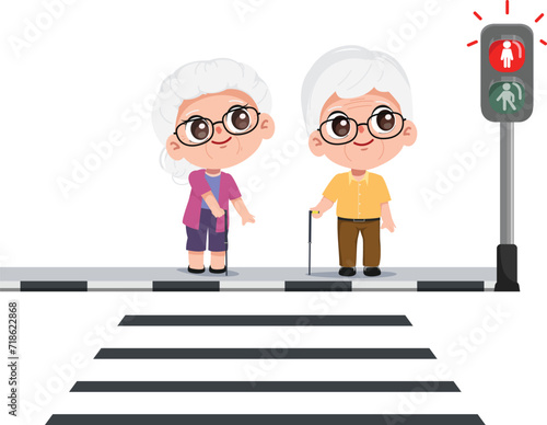 Cute cartoon elderly crossing the crosswalk by traffic light.
