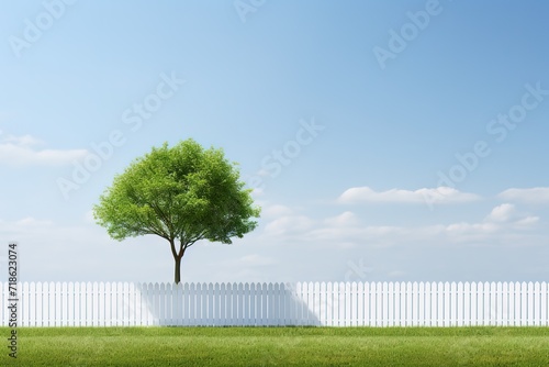 A white fence with green grass and blue sky. generative AI photo