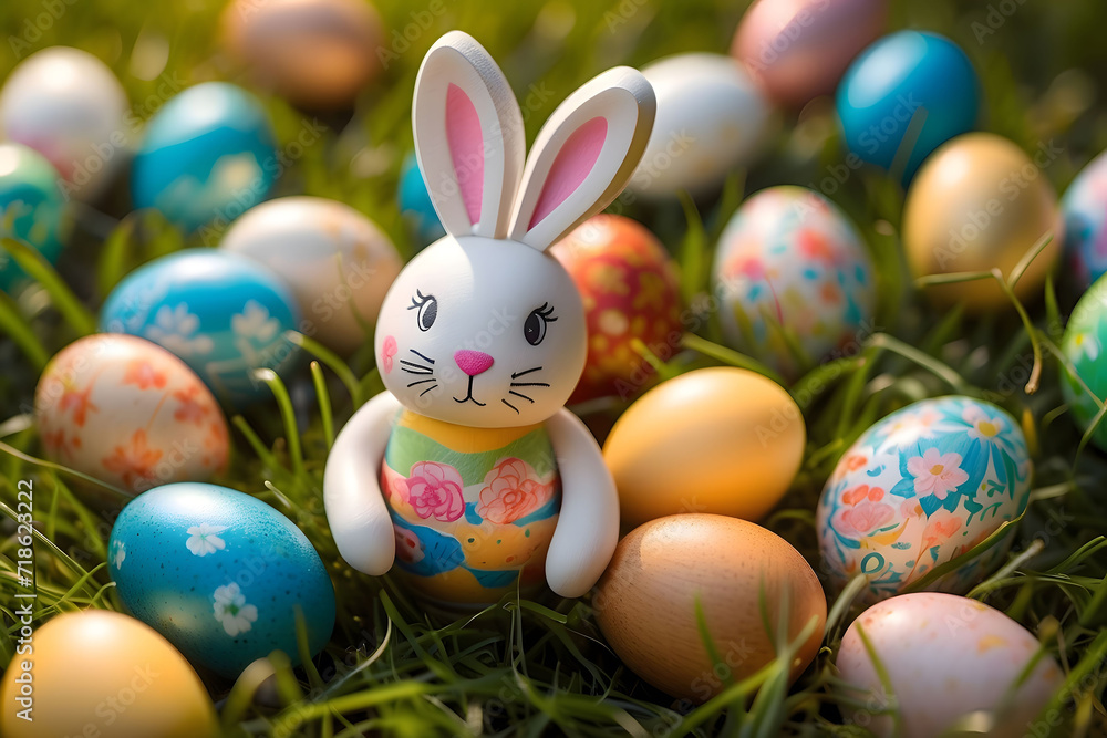 Cute easter bunny with eggs on grass, generative AI