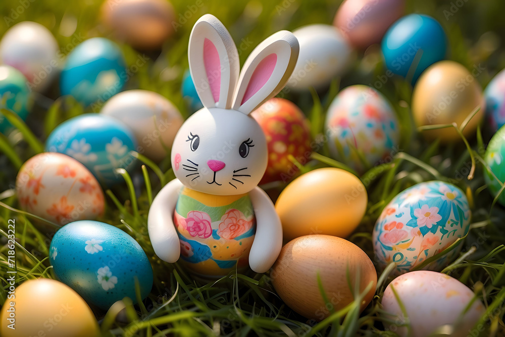Cute easter bunny with eggs on grass, generative AI Cute easter bunny with eggs on grass, generative AI
