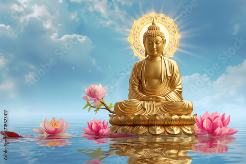 olden buddha with glowing lotuses and and branch of blossom flowers on blue sky