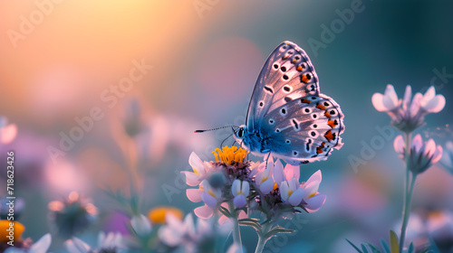 Beautiful wild flowers chamomile  purple wild peas  butterfly in morning haze in nature close-up macro. Landscape wide format  copy space  cool blue tones. Delightful pastoral airy artistic image  