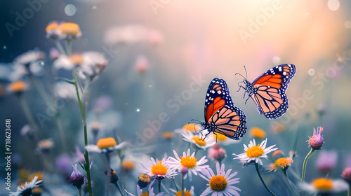Beautiful wild flowers chamomile, purple wild peas, butterfly in morning haze in nature close-up macro. Landscape wide format, copy space, cool blue tones. Delightful pastoral airy artistic image, 