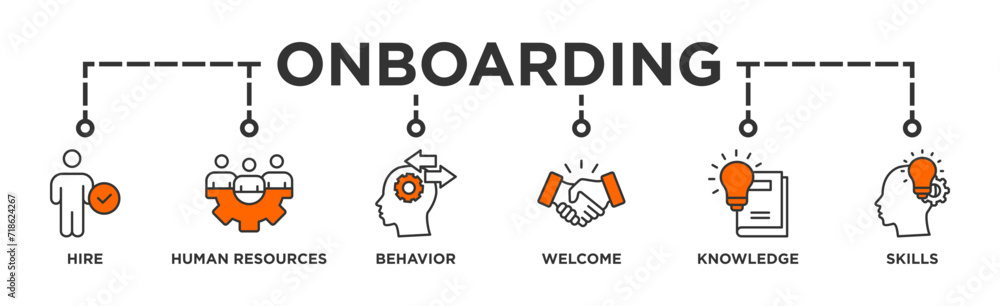 Onboarding banner web icon vector illustration concept for human resources business industry to introduce newly hired employee into an organization with behavior, welcome, knowledge, and skills icon Onboarding banner web icon vector illustration concept for human resources business industry to introduce newly hired employee into an organization with behavior, welcome, knowledge, and skills icon