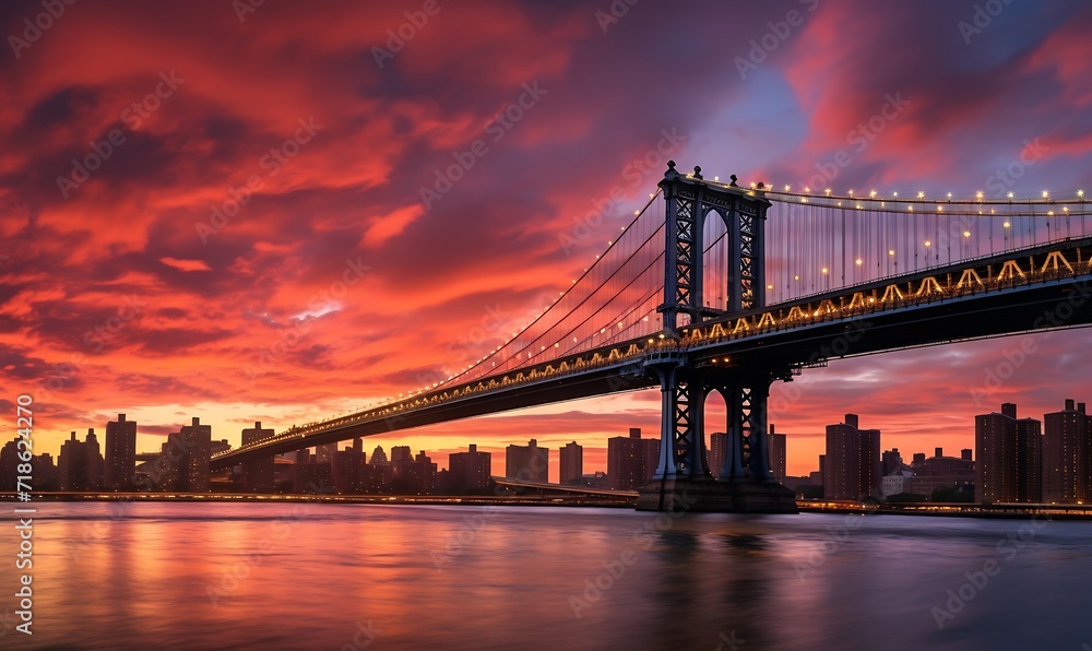Naklejka premium Manhattan Bridge over East River at sunset, New York City, USA