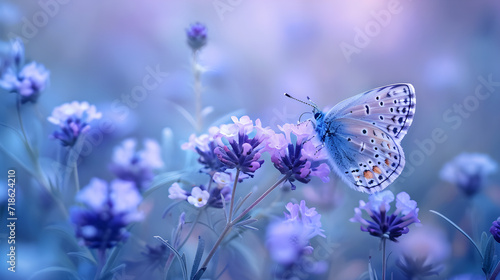 Beautiful wild flowers chamomile, purple wild peas, butterfly in morning haze in nature close-up macro. Landscape wide format, copy space, cool blue tones. Delightful pastoral airy artistic image,  © Saleem
