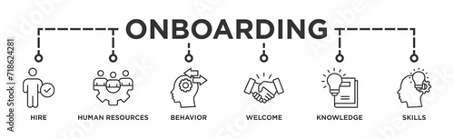Onboarding banner web icon vector illustration concept for human resources business industry to introduce newly hired employee into an organization with behavior, welcome, knowledge, and skills icon