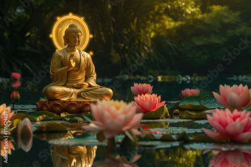 golden buddha with glowing lotuses and colorful flowers  glowing halo