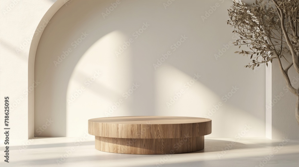 Round wooden saw cut cylinder shape on beige background. Minimal pedestal and geometric podium. Empty showcase for eco cosmetic product presentation. Round wooden saw cut cylinder shape on beige background. Minimal pedestal and geometric podium. Empty showcase for eco cosmetic product presentation.
