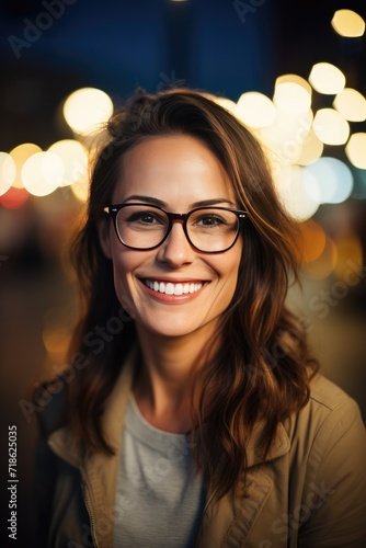 A smiling woman in wearing glasses and in the street with blurred background. Optics and eyewear concepts