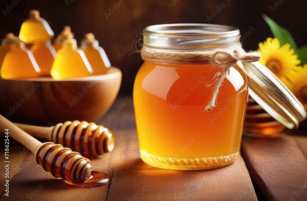 Honey with wooden honey dipper on wooden table. Honey with wooden honey dipper on wooden table.