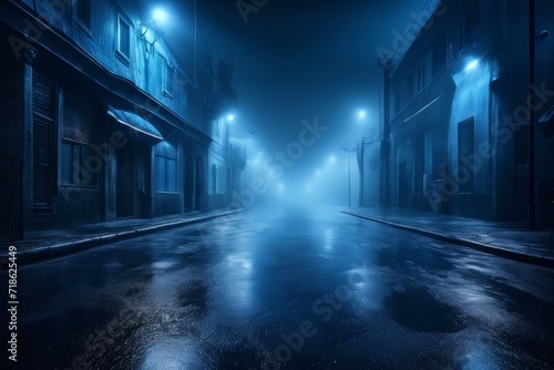 Blue dark background of empty foggy street with wet asphalt. Light at night © istorik