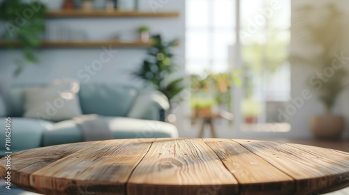Empty wooden table and blurred background of living room. Mock up for design photo
