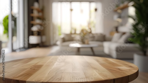 Empty wooden table and blurred interior background, product display montage.