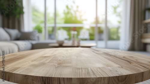Empty wooden table and blurred background of living room interior. For product display