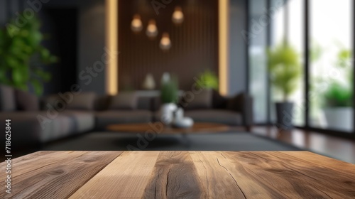 Wooden table in front of blurred interior of modern living room.