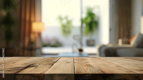 Empty wooden table and modern living room interior background, product display montage