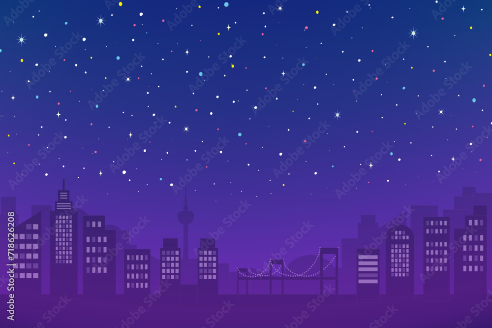 都会の夜景と満点の星空の背景イラスト