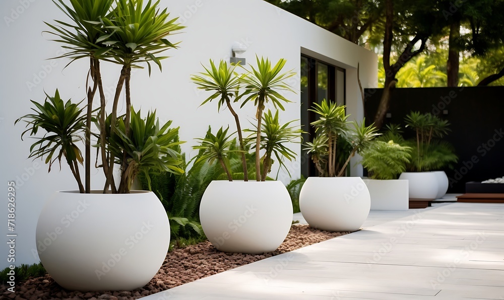 Modern design of terrace with flowers and plants in pots. Garden decoration.