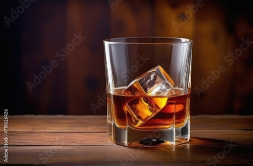 Alcoholic whiskey in a glass with ice cubes in a bar-pub. Layout of nightclub background design.